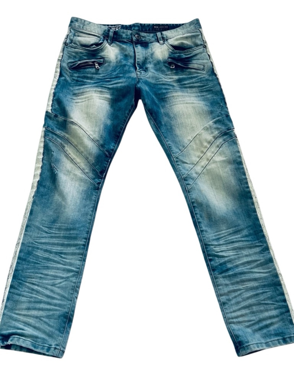 Smoke Rise Jeans Men's 36 X 32 Blue Slim Fit Zippers Moto Mid Rise Stretch Denim